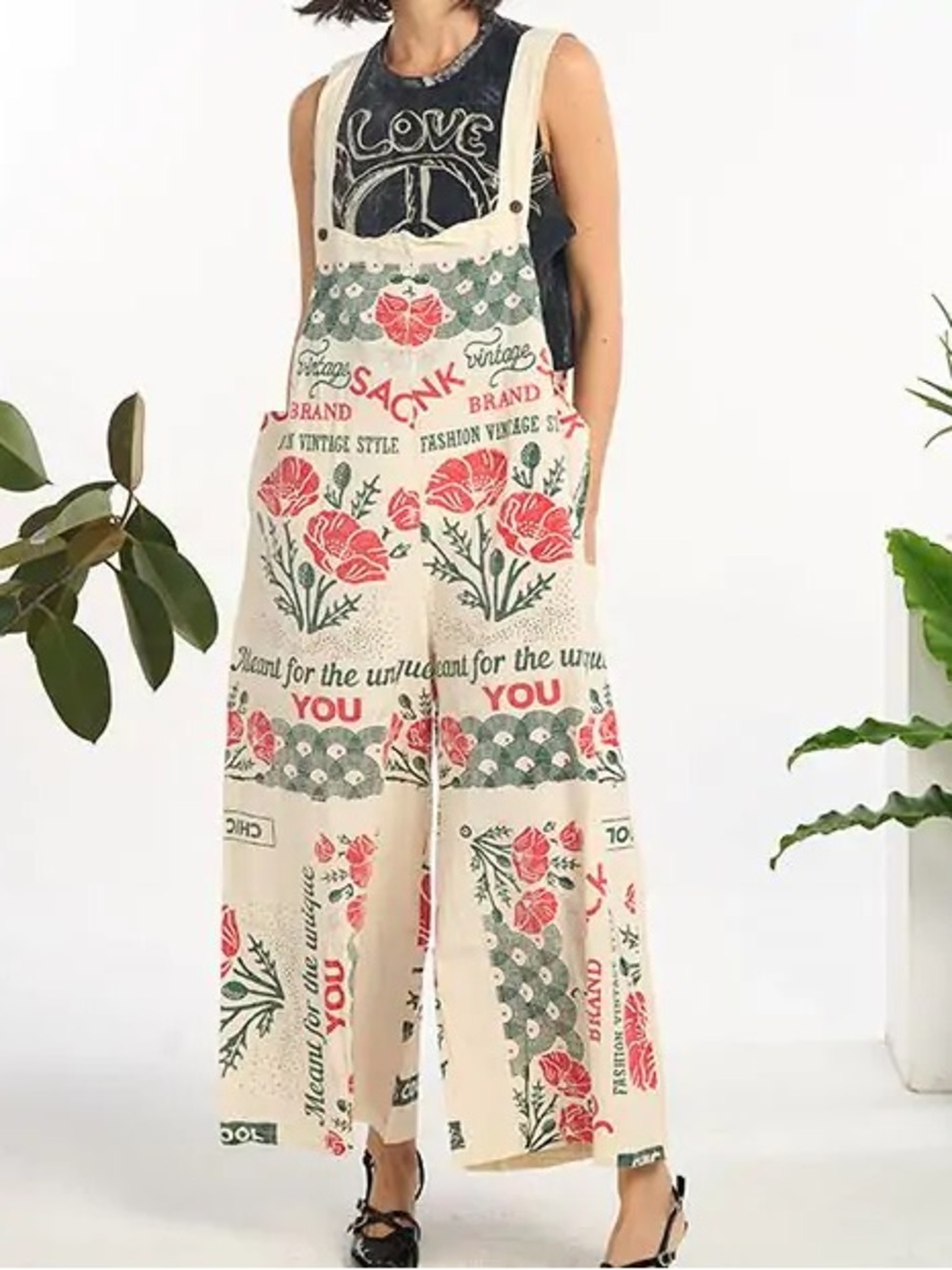 Floral Cream Wide-Leg Overalls Jumpsuit